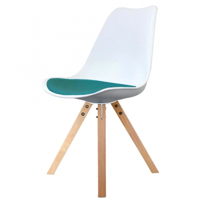 Fusion Living Soho White and Teal Dining Chair with Square Pyramid Light Wood Legs