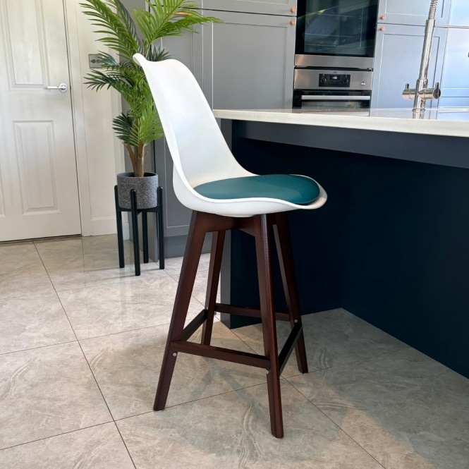 Fusion Living Soho White and Teal Plastic Bar Stool with Dark Wood Legs