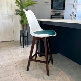 Soho White and Teal Plastic Bar Stool with Dark Wood Legs
