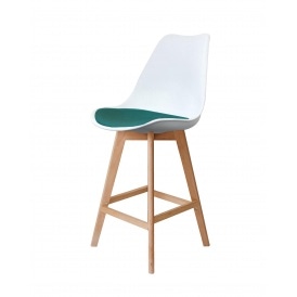Soho White and Teal Plastic Bar Stool with Light Wood Legs