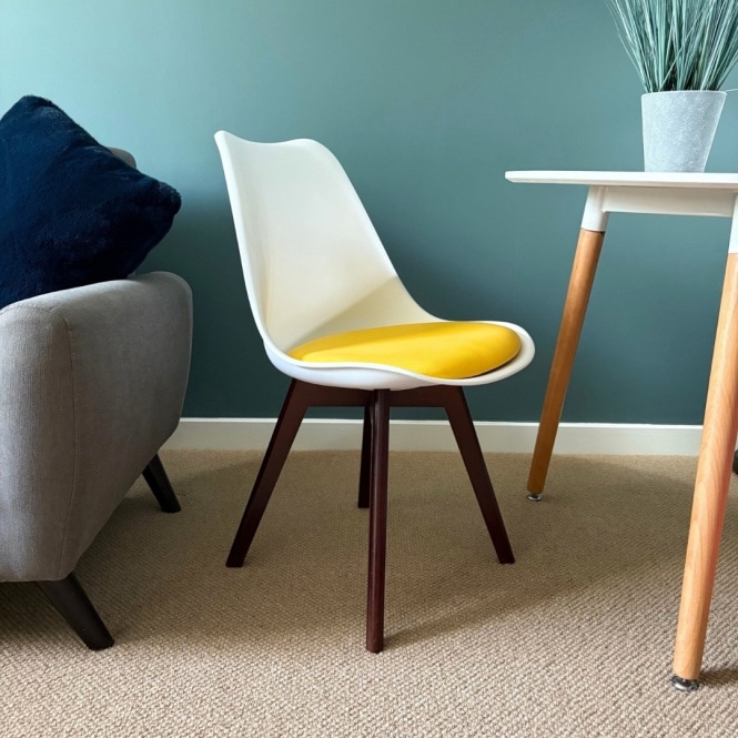 Fusion Living Soho White and Yellow Dining Chair with Squared Dark Wood Legs