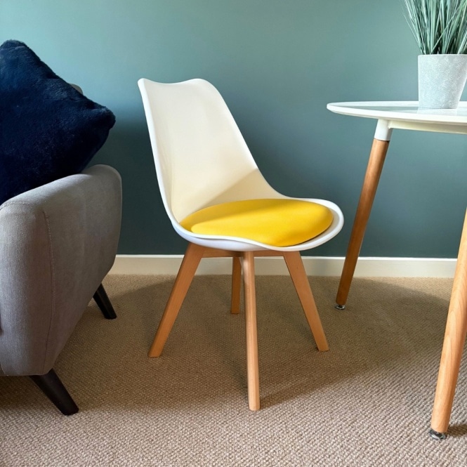 Fusion Living Soho White and Yellow Dining Chair with Squared Light Wood Legs