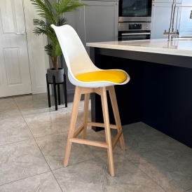 Soho White and Yellow Plastic Bar Stool with Light Wood Legs