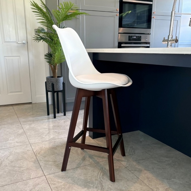 Fusion Living Soho White Plastic Bar Stool with Dark Wood Legs