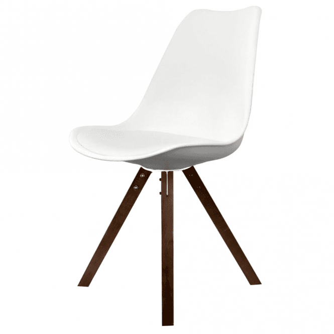 Fusion Living Soho White Plastic Dining Chair with Square Pyramid Dark Wood Legs