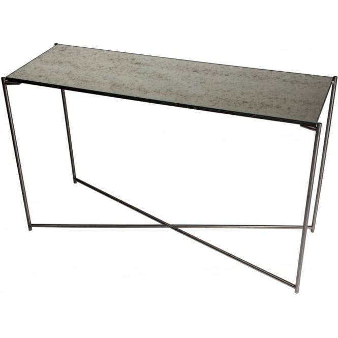 Gillmore Antiqued Glass Large Console Table with Gun Metal Cross Base