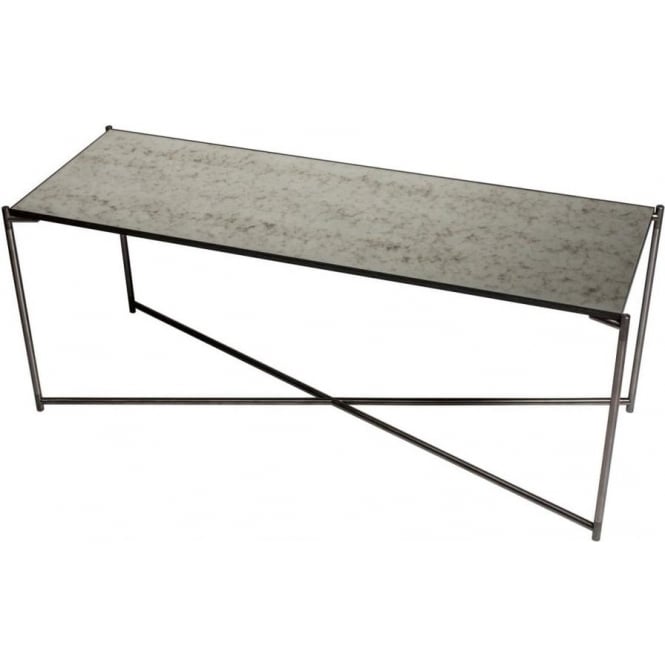 Gillmore Antiqued Glass Low Console Media Table with Gun Metal Cross Base
