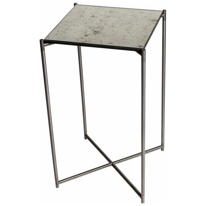 Gillmore Antiqued Glass Square Lamp Table with Gun Metal Cross Base
