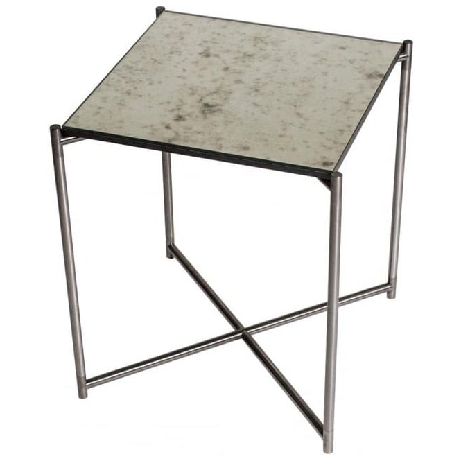 Gillmore Antiqued Glass Square Side Table with Gun Metal Cross Base