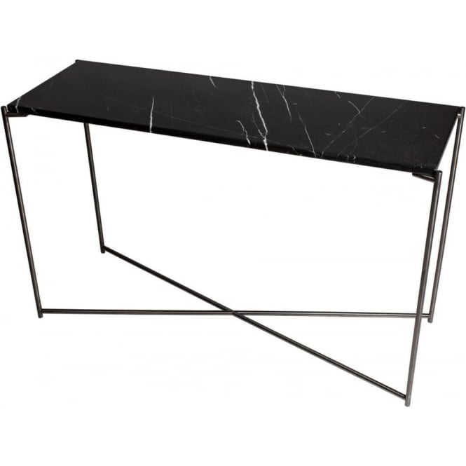 Gillmore Black Marble Large Console Table with Gun Metal Cross Base