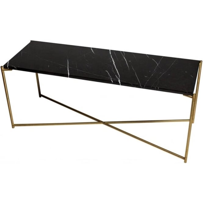Gillmore Black Marble Low Console Media Table with Brass Cross Base