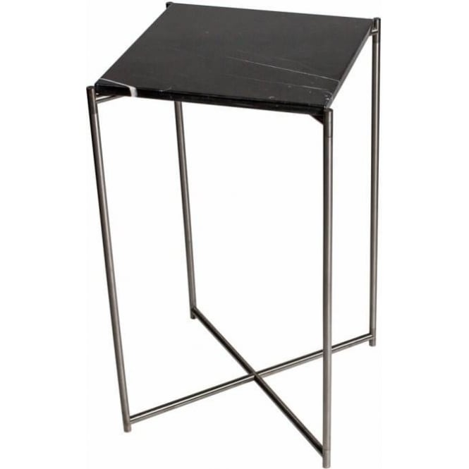 Gillmore Black Marble Square Lamp Table with Gun Metal Cross Base