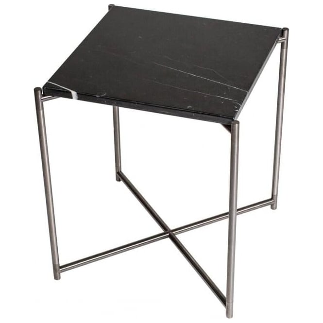 Gillmore Black Marble Square Side Table with Gun Metal Cross Base