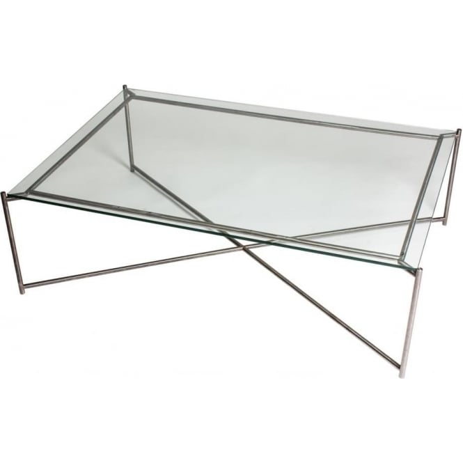 Gillmore Clear Glass Rectangular Coffee Table with Gun Metal Cross Base