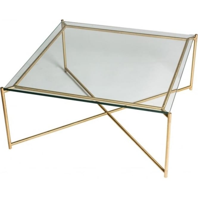Gillmore Clear Glass Square Coffee Table with Brass Cross Base