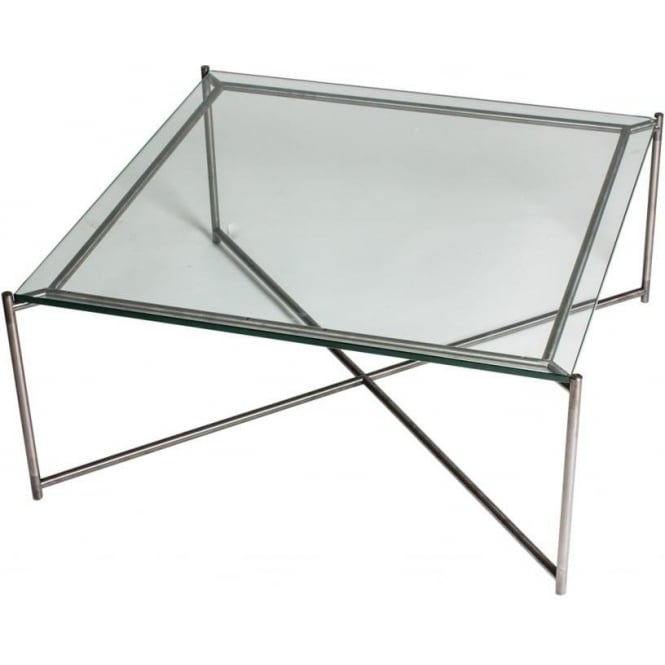 Gillmore Clear Glass Square Coffee Table with Gun Metal Cross Base