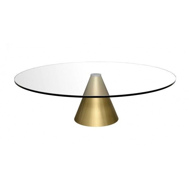 Gillmore Large Round Clear Glass Coffee Table with Conical Brass Base