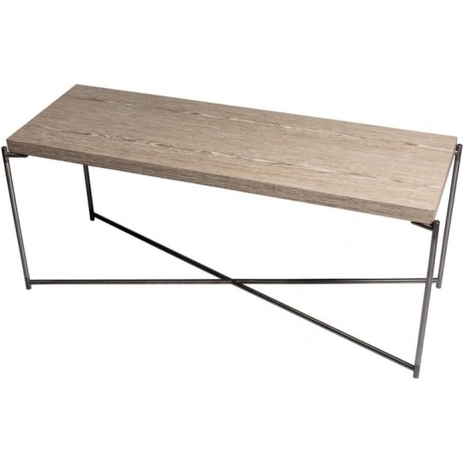 Gillmore Weathered Oak Low Console Media Table with Gun Metal Cross Base