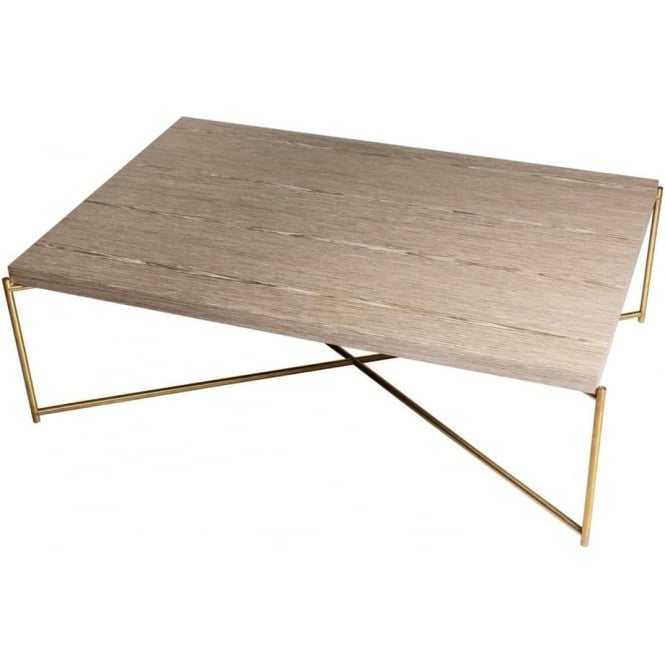 Gillmore Weathered Oak Rectangular Coffee Table with Brass Cross Base