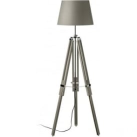 Grey Wood and Chrome Tripod Floor Standing Lamp