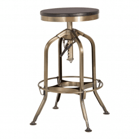 Industrial Black Ash Wood and Gold Brass Metal Adjustable Barstool
