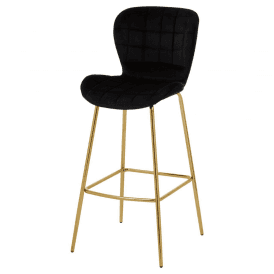 Quilted Black Velvet Barstool With Gold Metal Legs