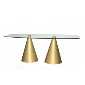 Rectangular Clear Glass Dining Table with Conical Brass Base