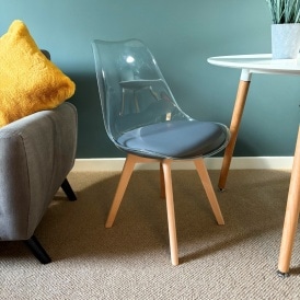 Soho Clear and Dark Grey Plastic Dining Chair with Squared Light Wood Legs