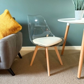 Soho Clear and Vanilla Plastic Dining Chair with Squared Light Wood Legs