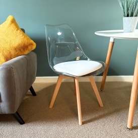 Soho Clear and White Plastic Dining Chair with Squared Light Wood Legs