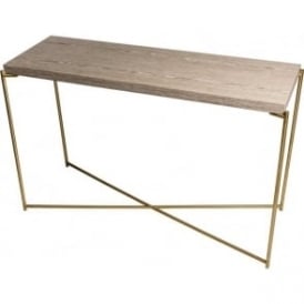 Weathered Oak Large Console Table with Brass Cross Base