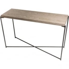 Weathered Oak Large Console Table with Gun Metal Cross Base