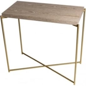 Weathered Oak Small Console Table with Brass Cross Base