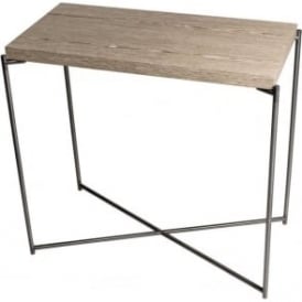 Weathered Oak Small Console Table with Gun Metal Cross Base
