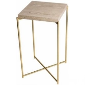 Weathered Oak Square Lamp Table with Brass Cross Base