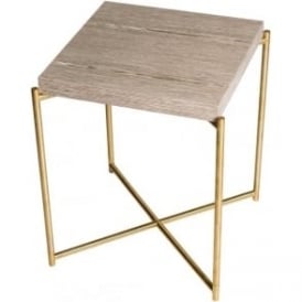 Weathered Oak Square Side Table with Brass Cross Base