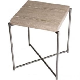 Weathered Oak Square Side Table with Gun Metal Cross Base