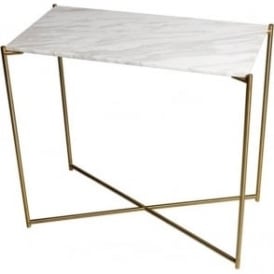 White Marble Small Console Table with Brass Cross Base